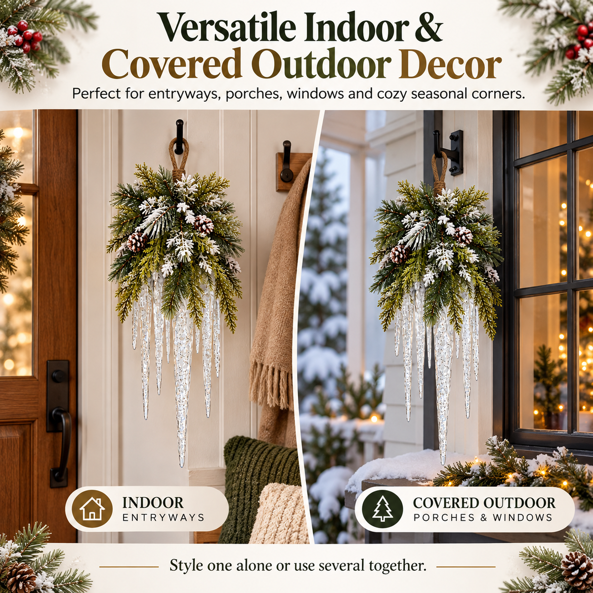 🌲❄️ Frosted Evergreen Icicle Swag – Warm LED Holiday Decor