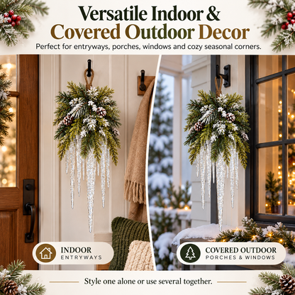 🌲❄️ Frosted Evergreen Icicle Swag – Warm LED Holiday Decor
