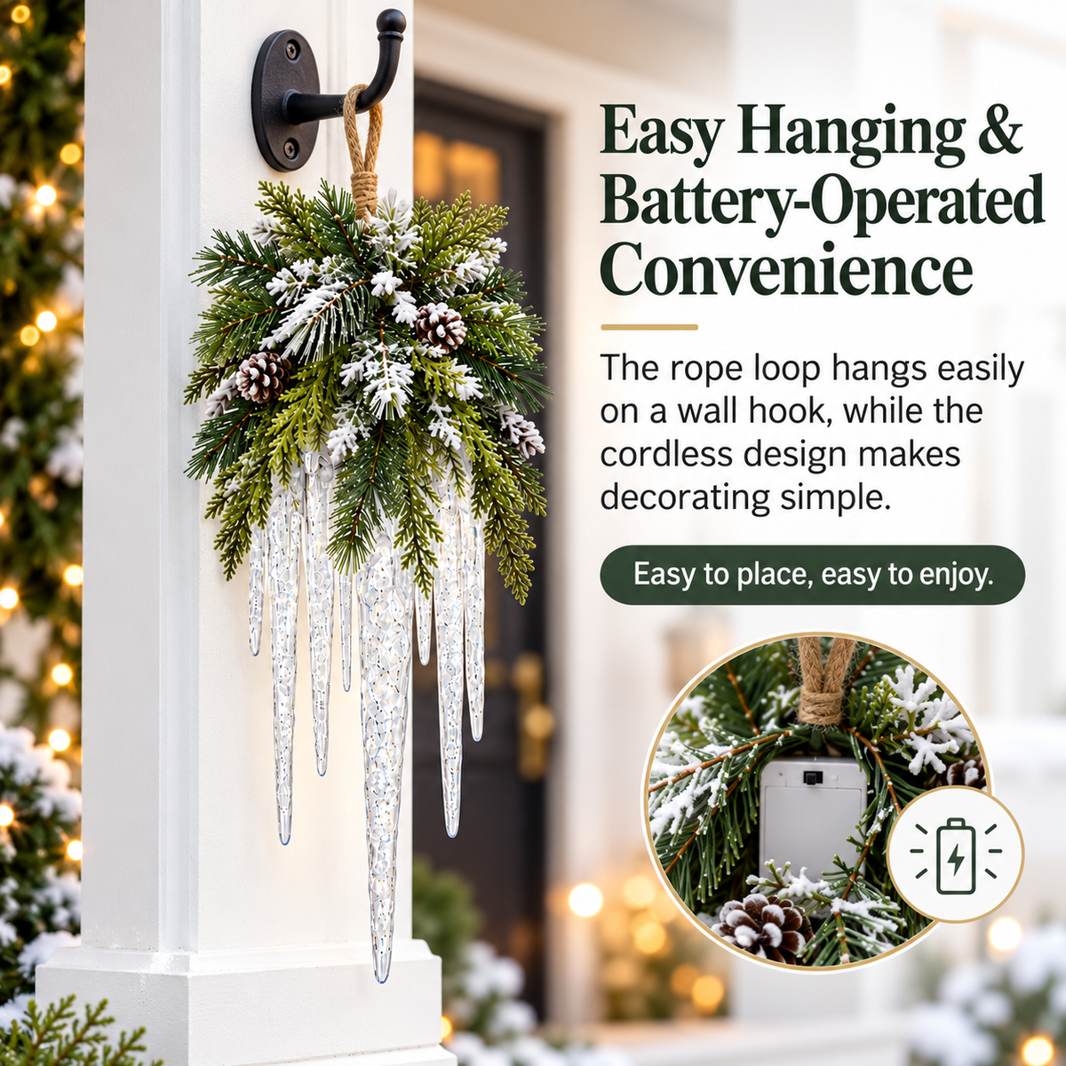 🌲❄️ Frosted Evergreen Icicle Swag – Warm LED Holiday Decor