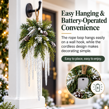 🌲❄️ Frosted Evergreen Icicle Swag – Warm LED Holiday Decor