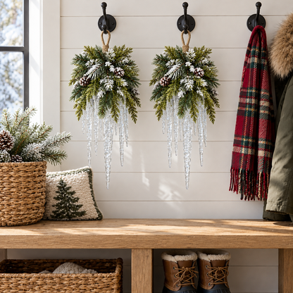 🌲❄️ Frosted Evergreen Icicle Swag – Warm LED Holiday Decor
