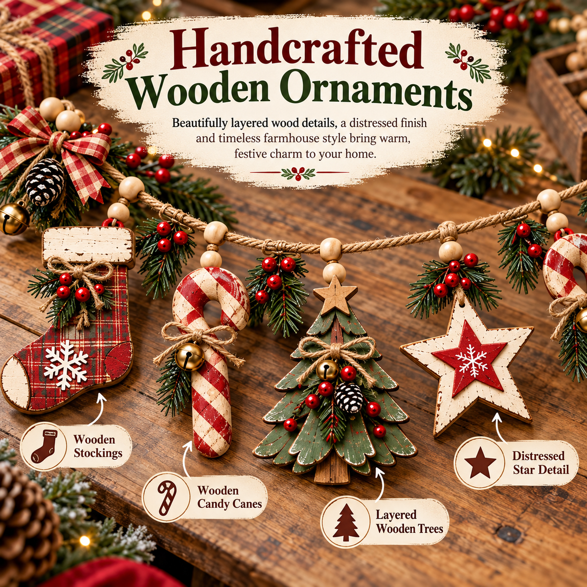 Vintage Lighted Wooden Christmas Heirloom Garland