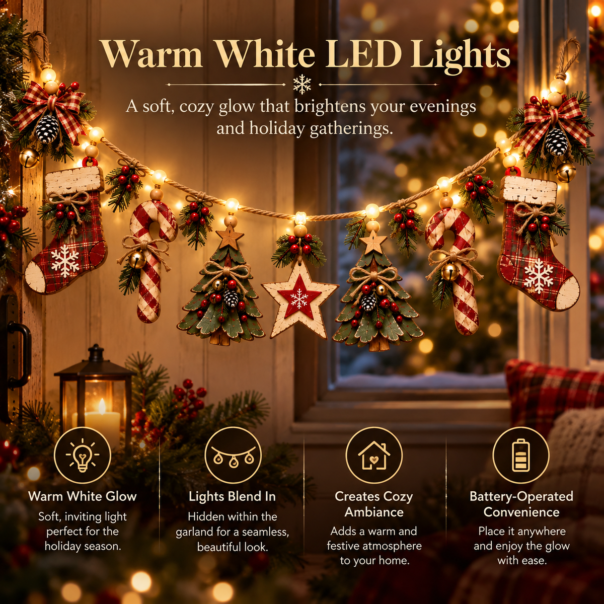 Vintage Lighted Wooden Christmas Heirloom Garland