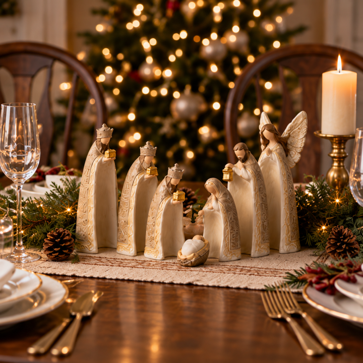 ✝️ Silent Night Nativity Figurine Set – 7-Piece Ivory & Gold Christmas Display