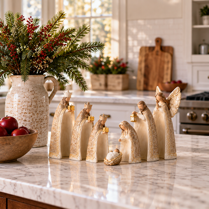 ✝️ Silent Night Nativity Figurine Set – 7-Piece Ivory & Gold Christmas Display