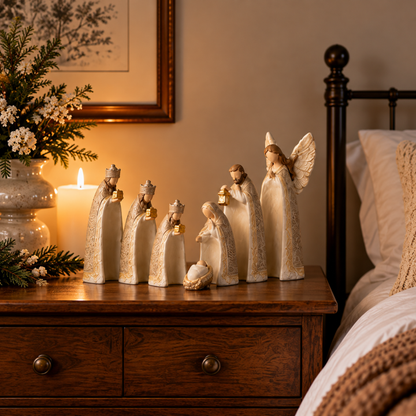 ✝️ Silent Night Nativity Figurine Set – 7-Piece Ivory & Gold Christmas Display