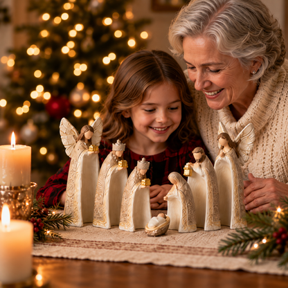 ✝️ Silent Night Nativity Figurine Set – 7-Piece Ivory & Gold Christmas Display