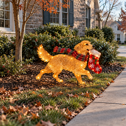 🐕🎄 Stocking Dash™ | Lighted Golden Retriever Christmas Yard Stake