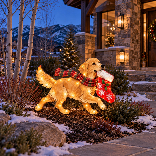 🐕🎄 Stocking Dash™ | Lighted Golden Retriever Christmas Yard Stake