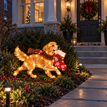 🐕🎄 Stocking Dash™ | Lighted Golden Retriever Christmas Yard Stake