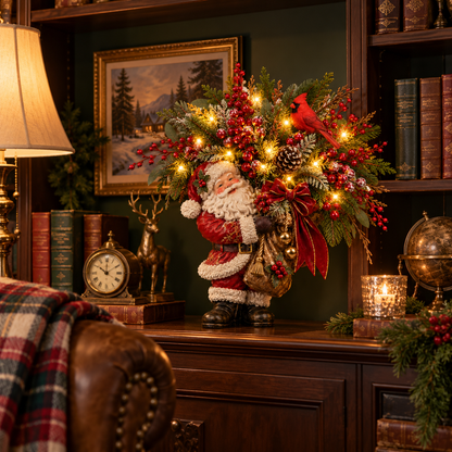 Lighted Santa & Cardinal Christmas Arrangement with Remote & Timer