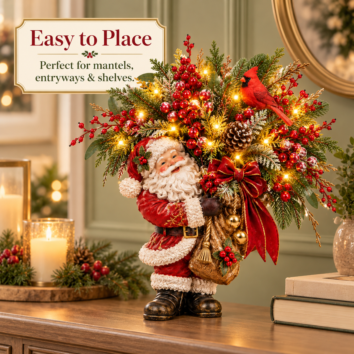 Lighted Santa & Cardinal Christmas Arrangement with Remote & Timer