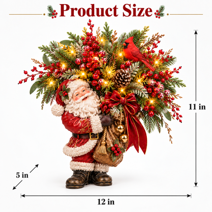 Lighted Santa & Cardinal Christmas Arrangement with Remote & Timer