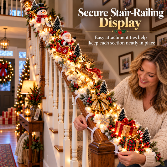 🎅 Santa’s Sleigh Snowfall™ | Pre-Lit Christmas Banister Garland ✨