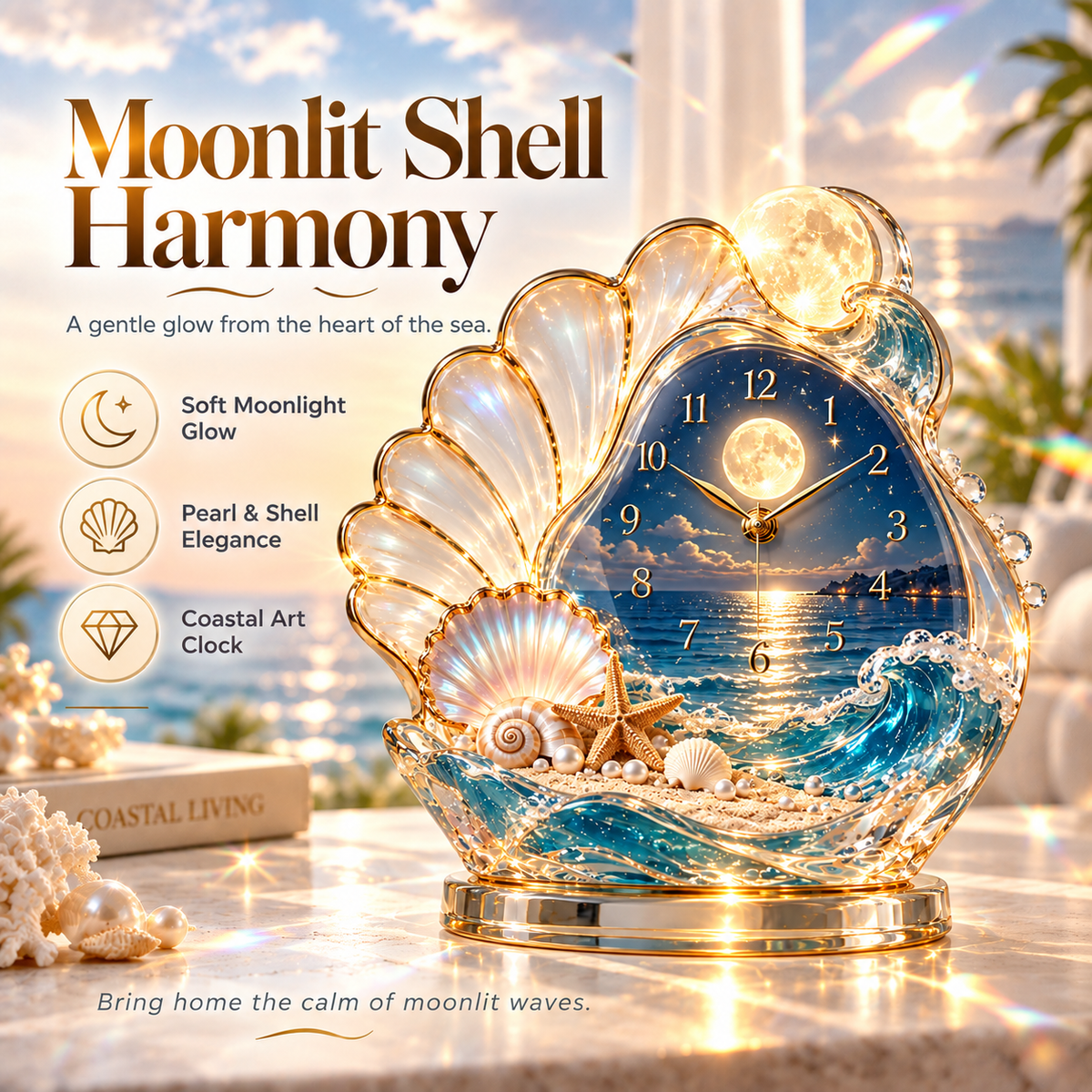 🌊✨ Coastal Sunset Light & Shadow Crystal Clock — Coastal-style tabletop decor with lighting