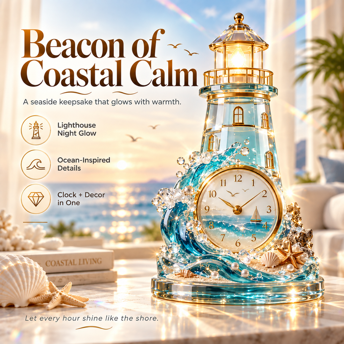 🌊✨ Coastal Sunset Light & Shadow Crystal Clock — Coastal-style tabletop decor with lighting