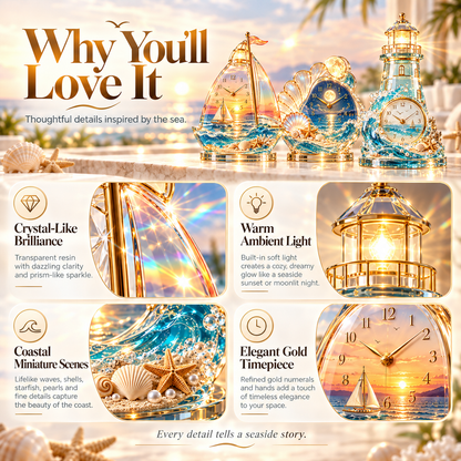 🌊✨ Coastal Sunset Light & Shadow Crystal Clock — Coastal-style tabletop decor with lighting