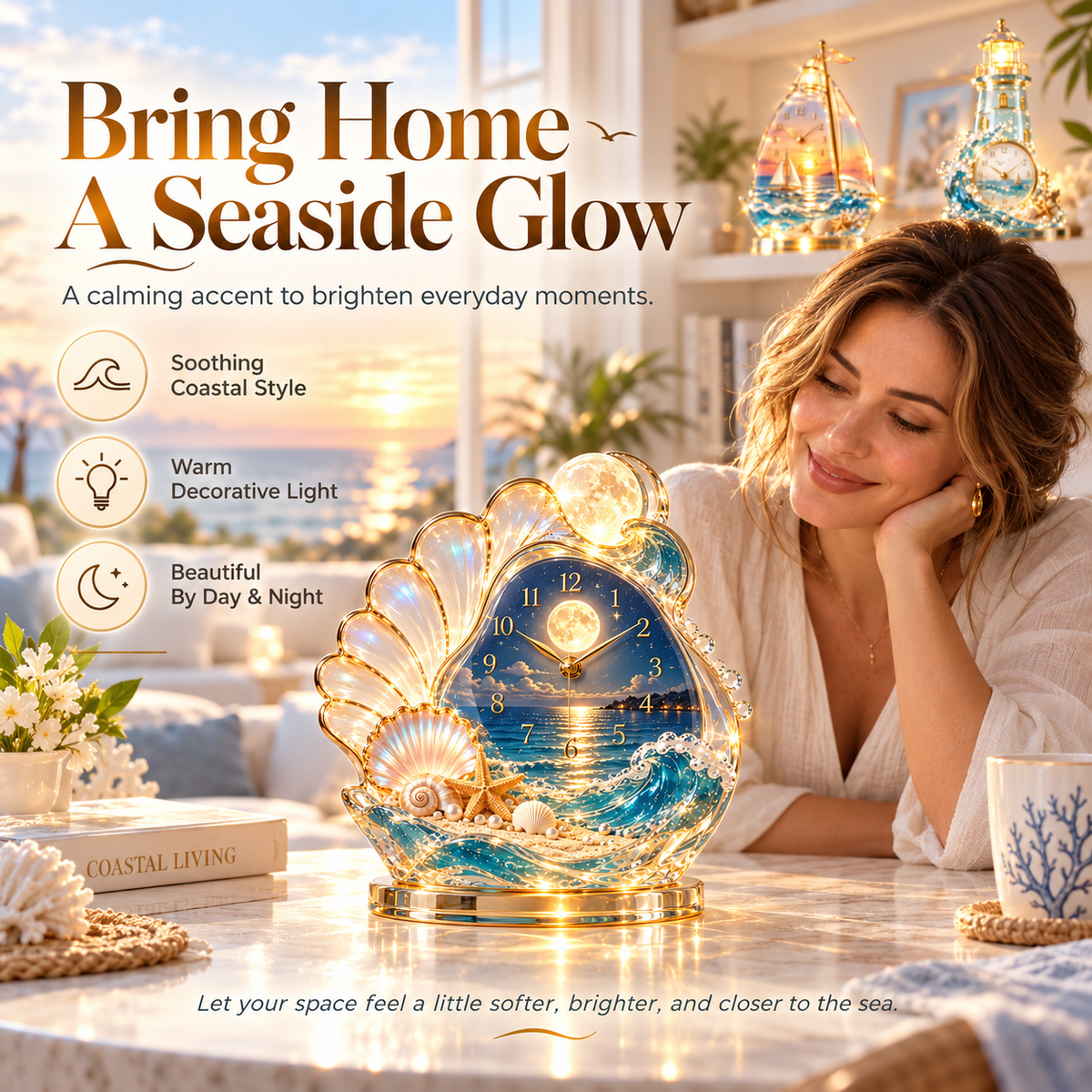 🌊✨ Coastal Sunset Light & Shadow Crystal Clock — Coastal-style tabletop decor with lighting