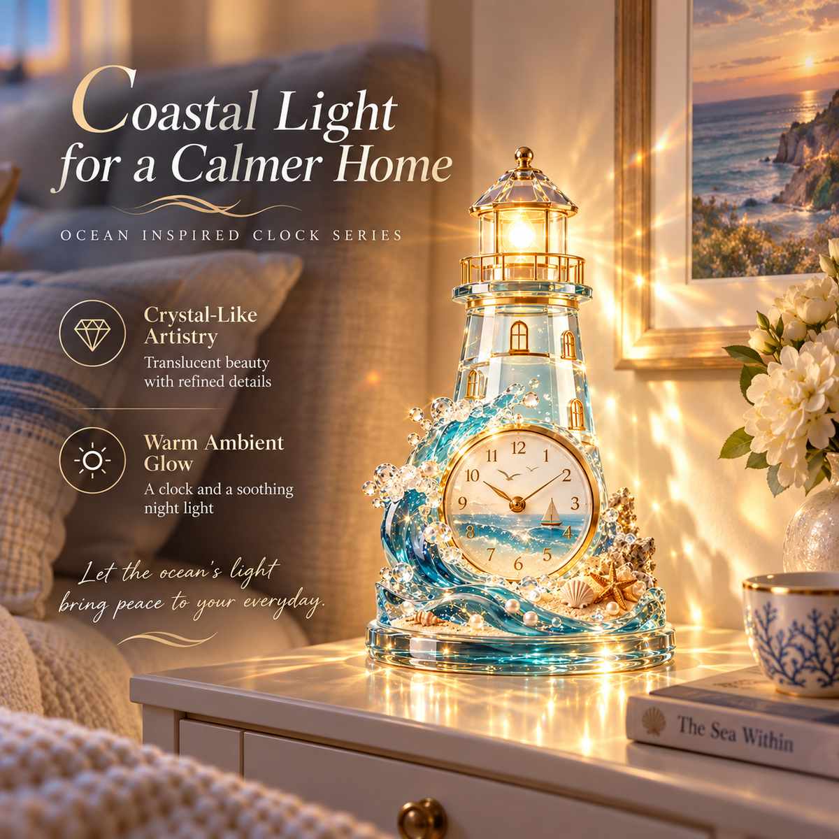 🌊✨ Coastal Sunset Light & Shadow Crystal Clock — Coastal-style tabletop decor with lighting