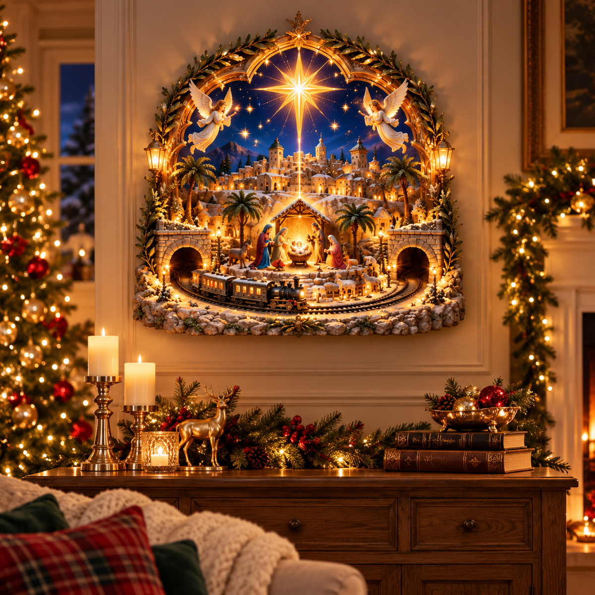 ✝️✨ Star of Bethlehem Portal™ | Lighted Nativity Wall Village with Christmas Train