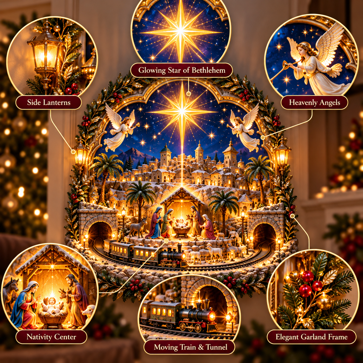 ✝️✨ Star of Bethlehem Portal™ | Lighted Nativity Wall Village with Christmas Train