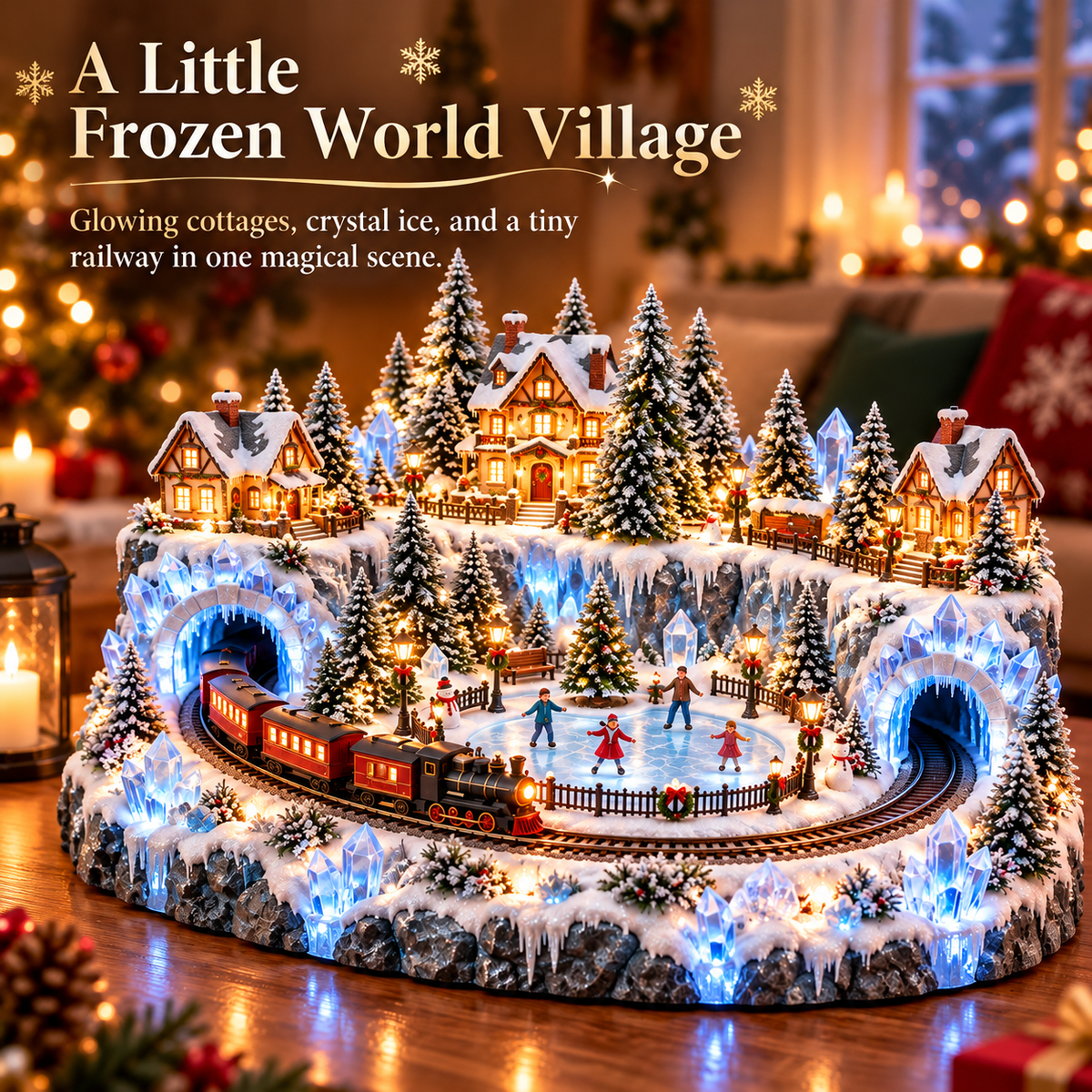 ❄️🚂 Crystal Ice Railway Village™ | Lighted Christmas Skating Scene with Moving Train & Twin Ice Tunnels