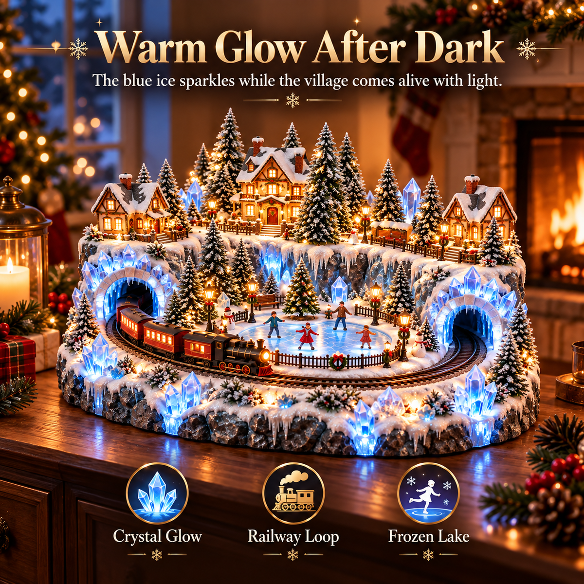 ❄️🚂 Crystal Ice Railway Village™ | Lighted Christmas Skating Scene with Moving Train & Twin Ice Tunnels