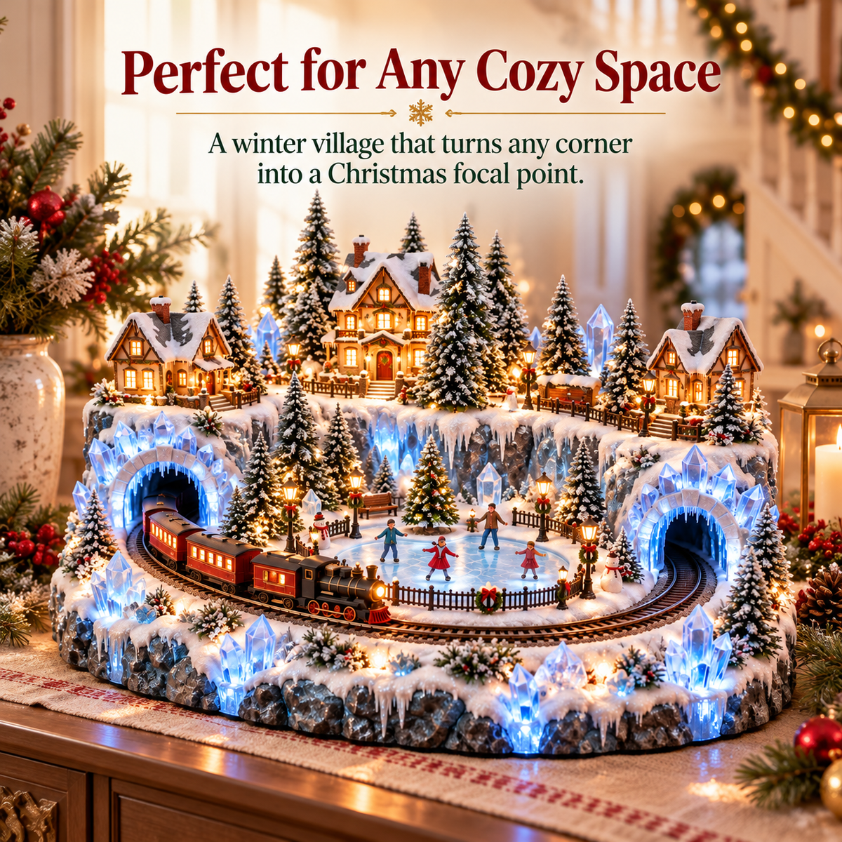 ❄️🚂 Crystal Ice Railway Village™ | Lighted Christmas Skating Scene with Moving Train & Twin Ice Tunnels