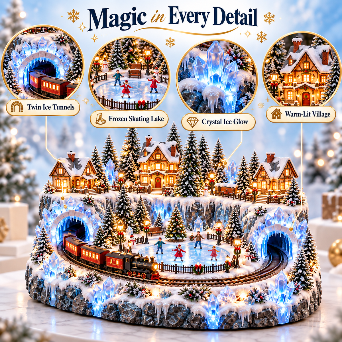 ❄️🚂 Crystal Ice Railway Village™ | Lighted Christmas Skating Scene with Moving Train & Twin Ice Tunnels