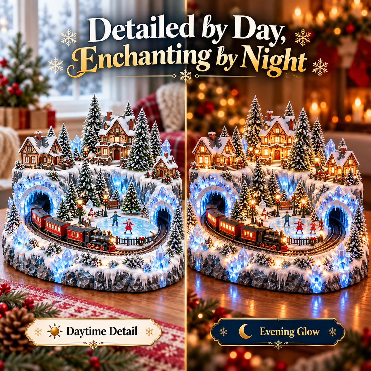 ❄️🚂 Crystal Ice Railway Village™ | Lighted Christmas Skating Scene with Moving Train & Twin Ice Tunnels