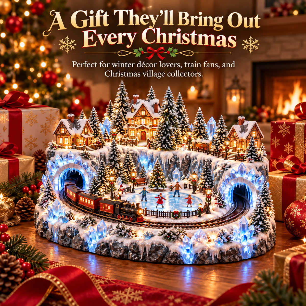 ❄️🚂 Crystal Ice Railway Village™ | Lighted Christmas Skating Scene with Moving Train & Twin Ice Tunnels