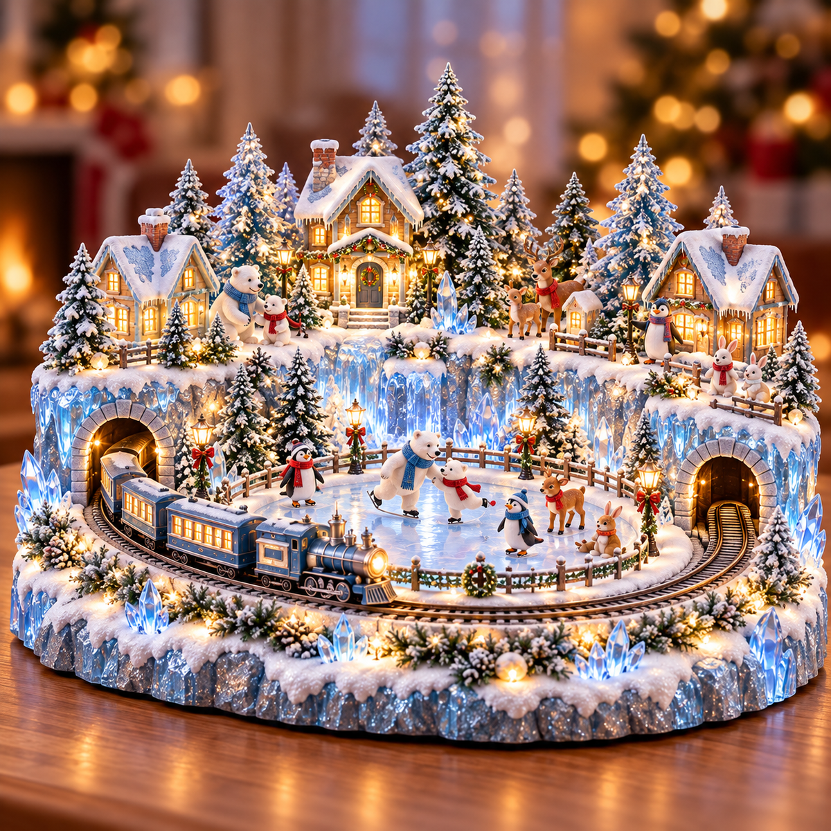 ❄️🚂 Crystal Ice Railway Village™ | Lighted Christmas Skating Scene with Moving Train & Twin Ice Tunnels