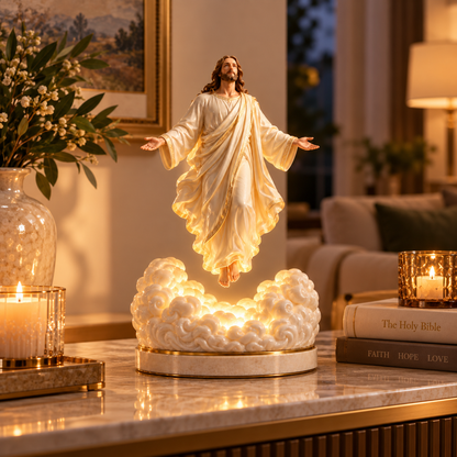 🙏☁️ The Risen Christ Above the Clouds — An Illuminated Religious Sculpture