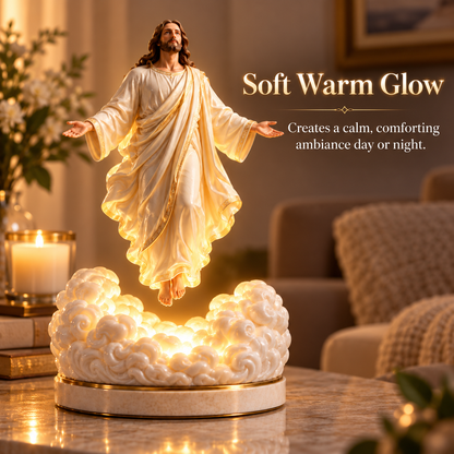 🙏☁️ The Risen Christ Above the Clouds — An Illuminated Religious Sculpture