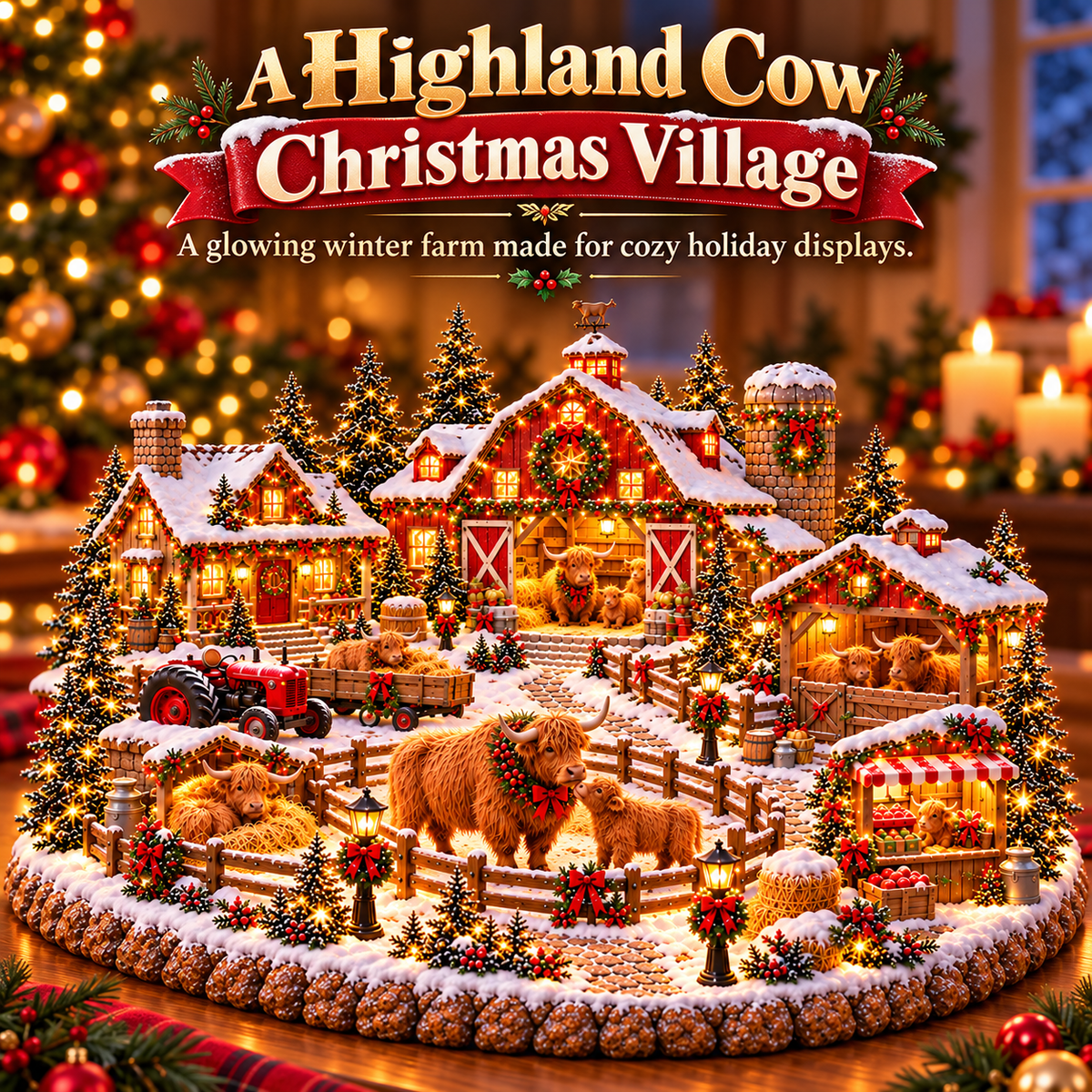 🎄🐮 Highland Cow Christmas Farm Village™ – Lighted Holiday Barn & Winter Farm Scene