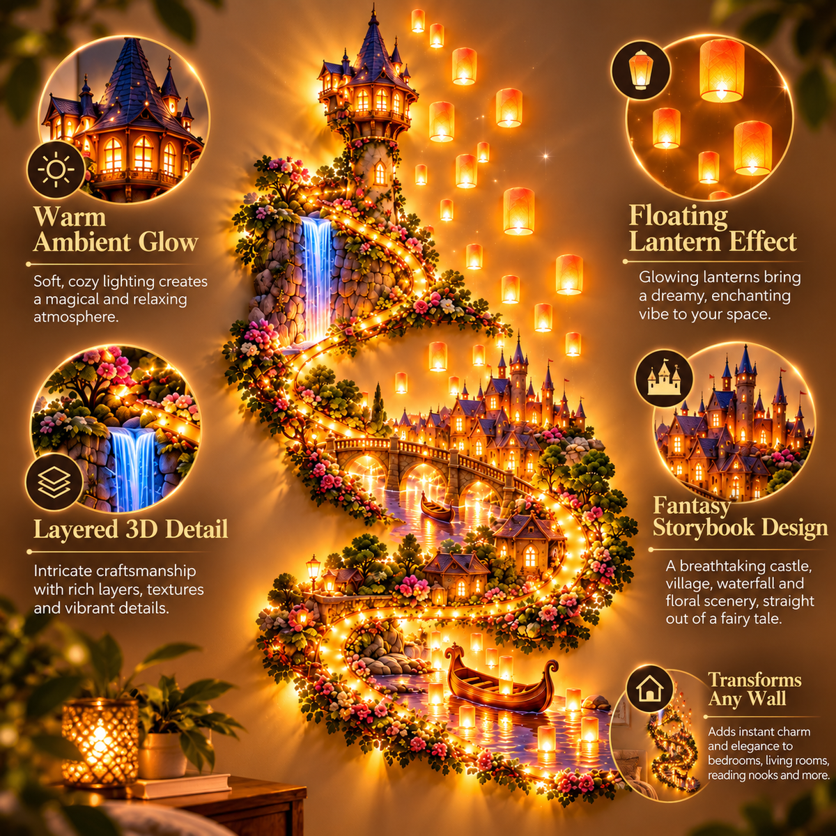 🏰✨ Enchanted Lantern Kingdom Wall Light – Magical 3D Fantasy Village Decor