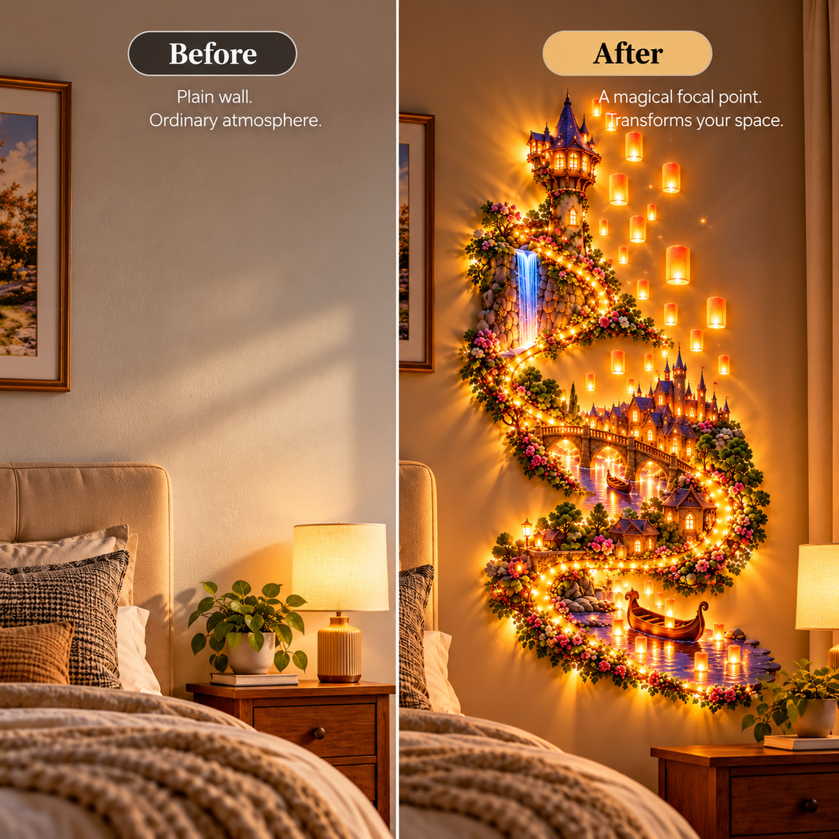 🏰✨ Enchanted Lantern Kingdom Wall Light – Magical 3D Fantasy Village Decor