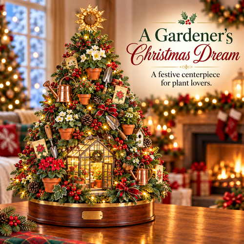 🌻 A Gardener’s Christmas – Lighted Garden Tree with Miniature Greenhouse