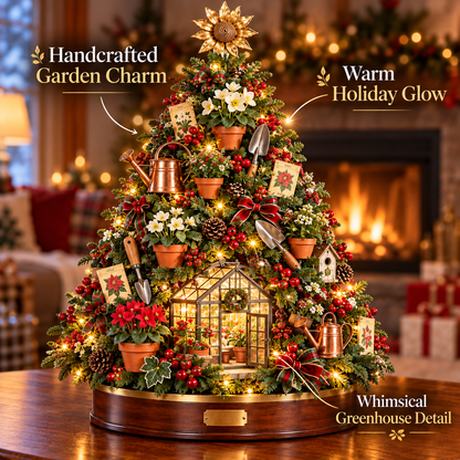 🌻 A Gardener’s Christmas – Lighted Garden Tree with Miniature Greenhouse