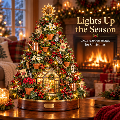 🌻 A Gardener’s Christmas – Lighted Garden Tree with Miniature Greenhouse