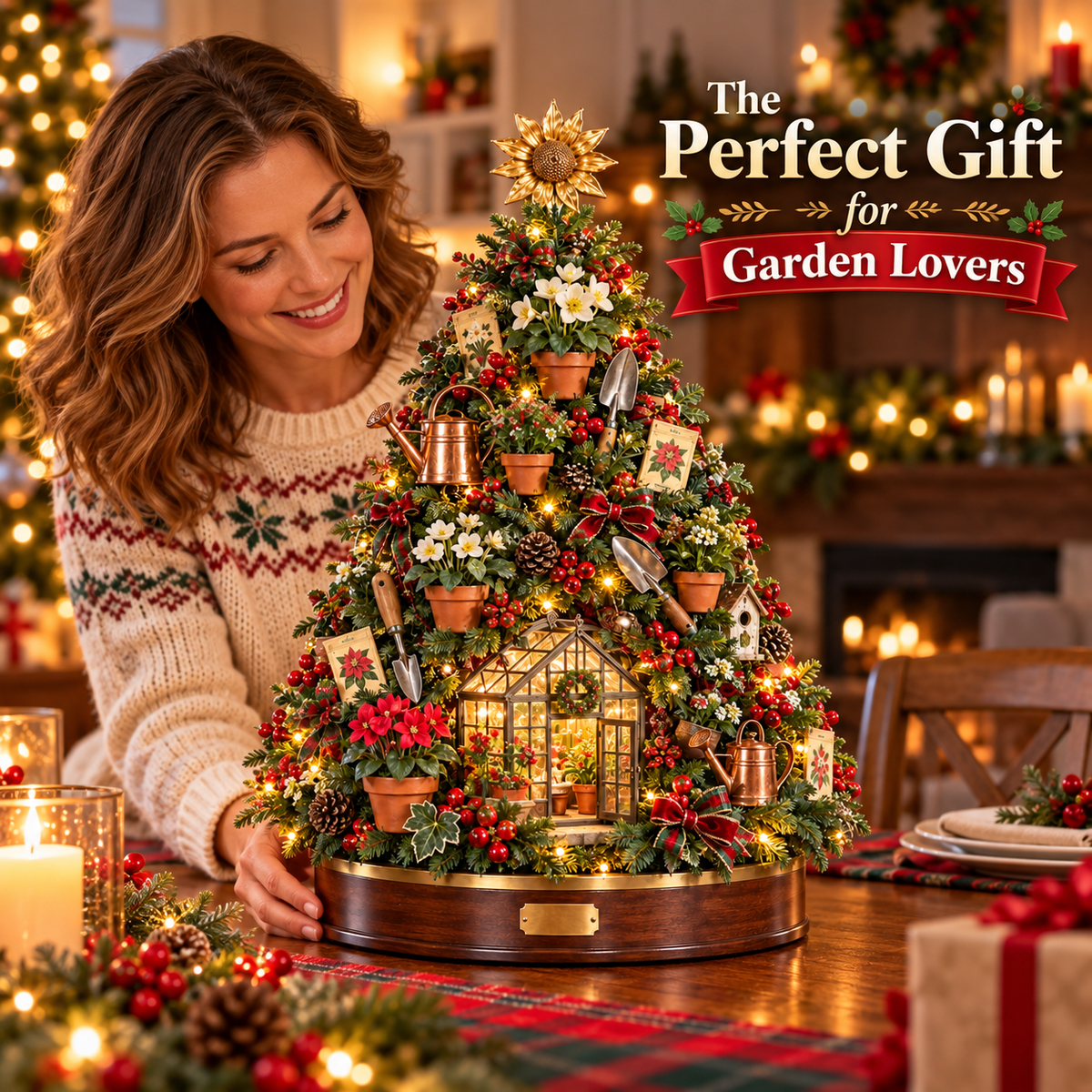 🌻 A Gardener’s Christmas – Lighted Garden Tree with Miniature Greenhouse