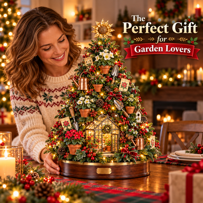 🌻 A Gardener’s Christmas – Lighted Garden Tree with Miniature Greenhouse