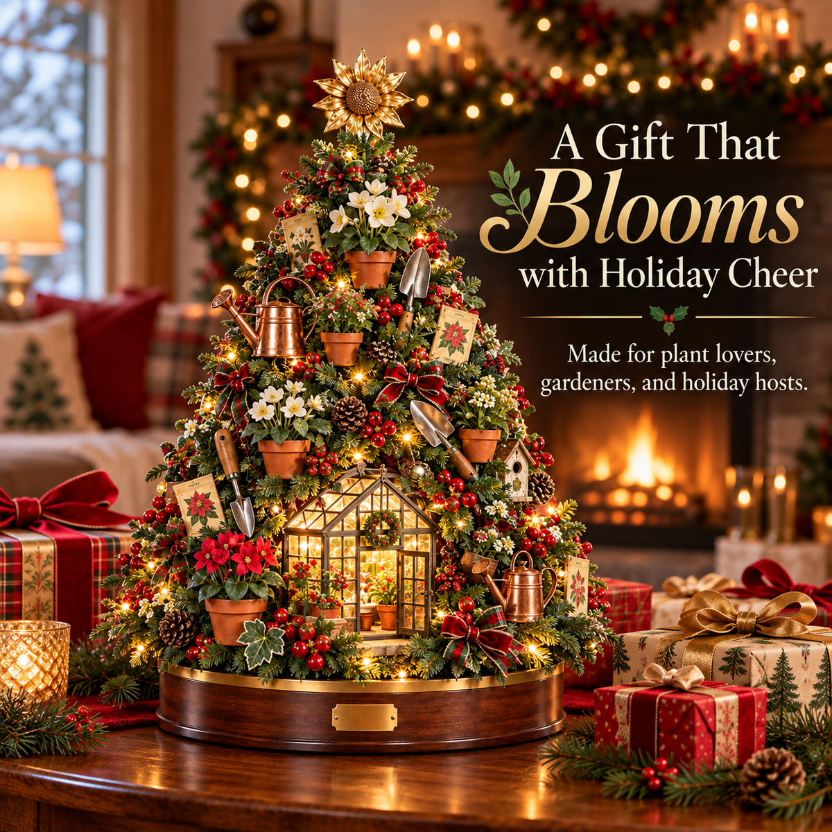 🌻 A Gardener’s Christmas – Lighted Garden Tree with Miniature Greenhouse