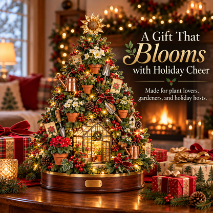 🌻 A Gardener’s Christmas – Lighted Garden Tree with Miniature Greenhouse