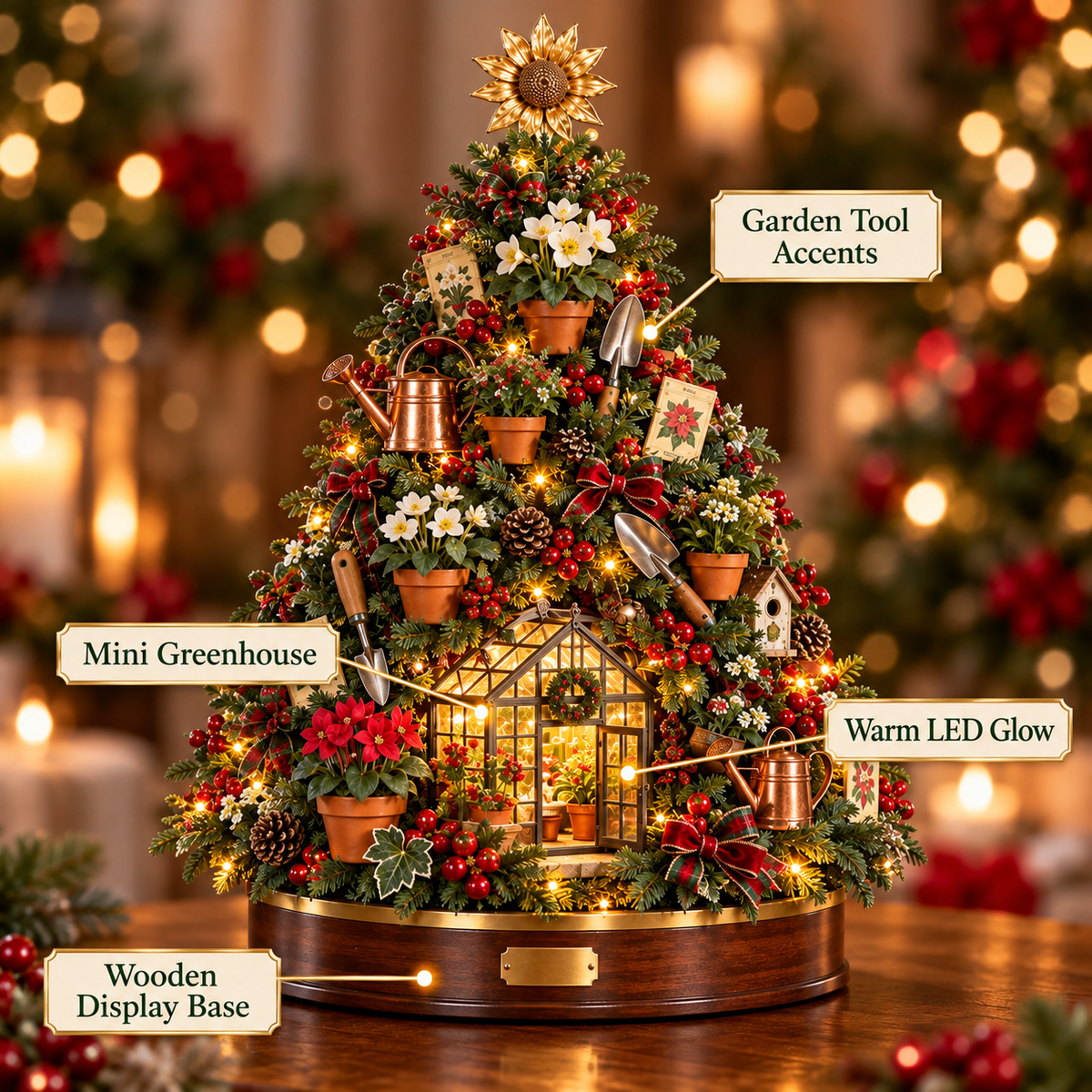 🌻 A Gardener’s Christmas – Lighted Garden Tree with Miniature Greenhouse