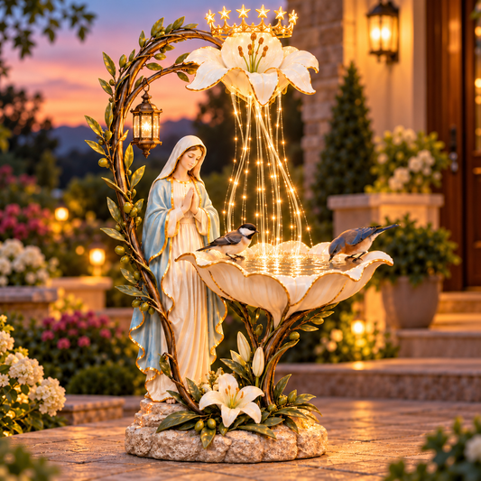 ✨ Blessed Mother Lilyfall™ – Cascading Lighted Marian Garden Fountain 🕊️