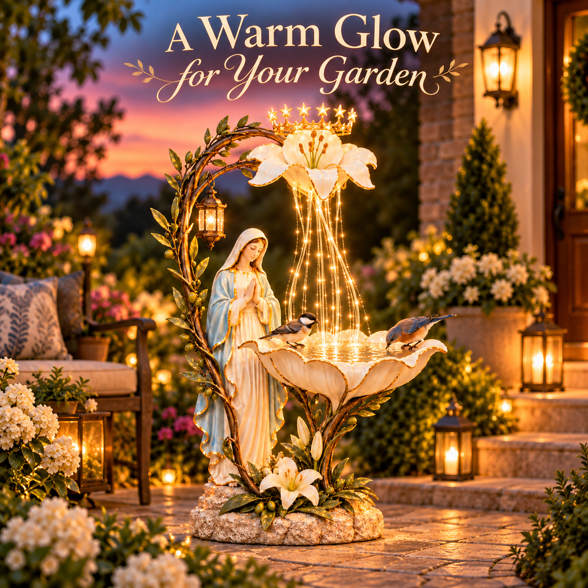 ✨ Blessed Mother Lilyfall™ – Cascading Lighted Marian Garden Fountain 🕊️