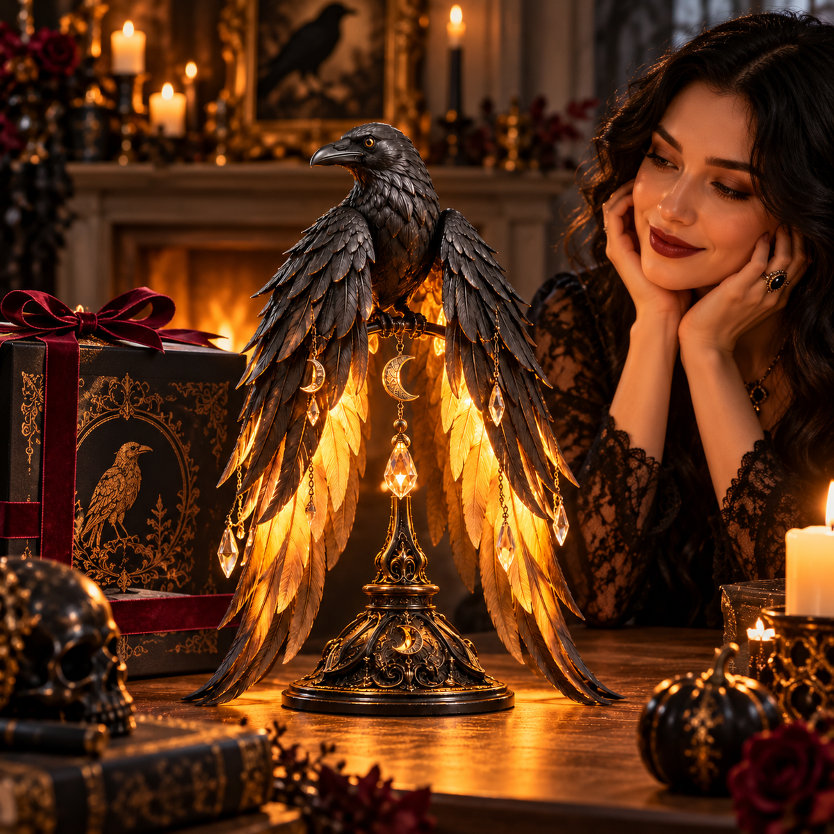 🖤🐦 Midnight Raven Glow™ | Illuminated Gothic Table Lamp