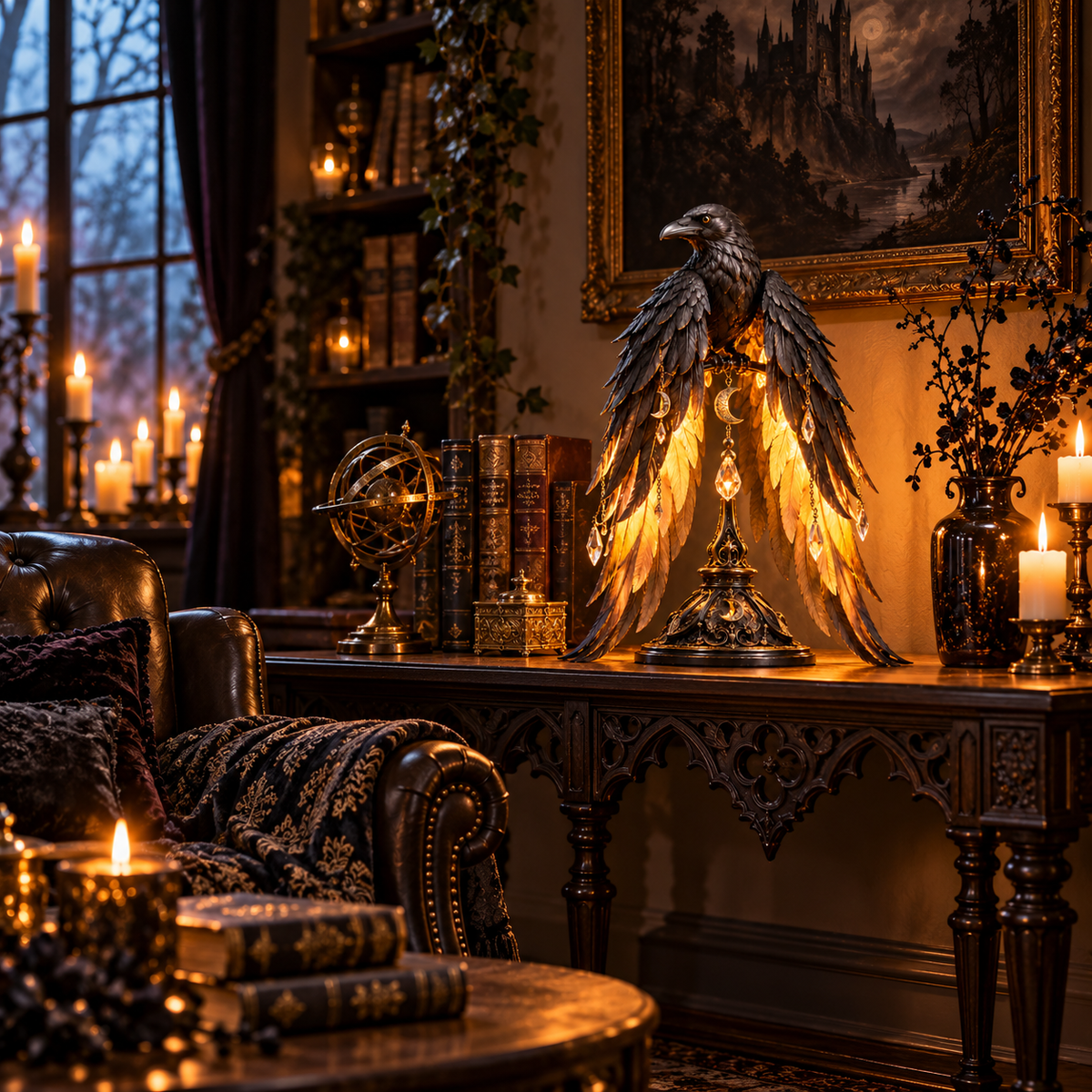 🖤🐦 Midnight Raven Glow™ | Illuminated Gothic Table Lamp