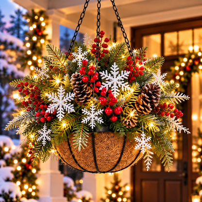 🎄 Last Day 50% OFF ✨Pre-Lit Holiday Hanging Basket| Pre-lit, weather-resistant, and zero maintenance